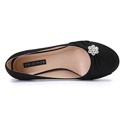 ERIJUNOR Women Closed Toe Comfort Kitten Heels Rhinestones Satin Wedding Evening Dress Shoes4