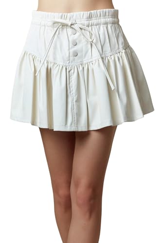 Hey Sweetie Women's Faux Leather Mini Skirt – Pin Tuck Detail Romantic Style with Bow Tie & Ruffle Hem