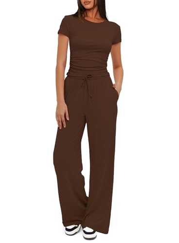 Darong Women's 2 Piece Set Outfits Lounge Sets Ruched Short Sleeve Tops High Waisted Wide Leg Pants Tracksuit Sets