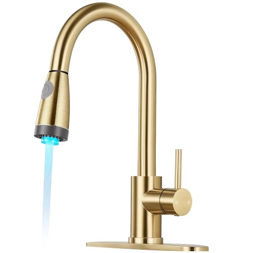 Image of LED Kitchen Faucet with Pull Down Sprayer - Brushed Gold Single Handle Kitchen Faucets, High Arc Stainless Steel Pull Out Kitchen Sink Faucet with Deck for RV Laundry Farmhouse Bar