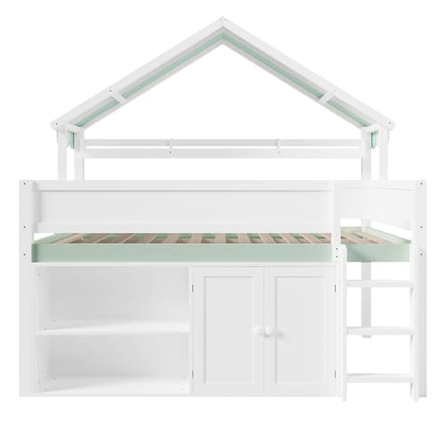 Image of Full Size House Loft Bed with Canopy Roof and Storage, Perfect for Kids' Bedroom, Sleepovers & Organized Living (White+Green)
