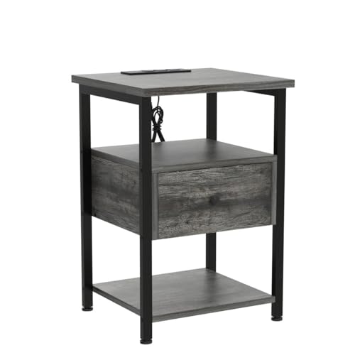 Ecoprsio Nightstand Set of 2, Nightstands with Charging Station, End Table Bedside Table with USB Port, Modern Nightstands with Drawers Storage Shelf, Wood Night Stands for Bedroom, Living Room, Grey