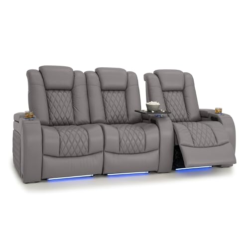 Image of Seatcraft Diamante Gray Italian Leather Home Theater Seating, Zero Gravity Power Recliner Gaming and Home Office Chair, Powered Headrest Lounge Sofa Furniture for Cinema Room, Row of 3 Left Loveseats