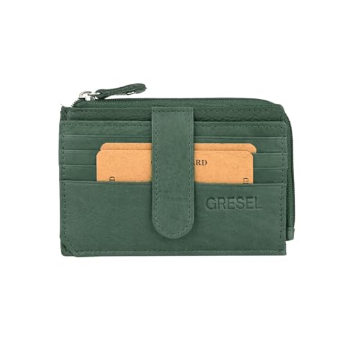 GRESEL Porte-Cartes Homme et Femme en Cuir Véritable Souple, Unisexe, Fin/Mince, Poche Zippée pour Monnaie et Billets, avec Boîte Cadeau