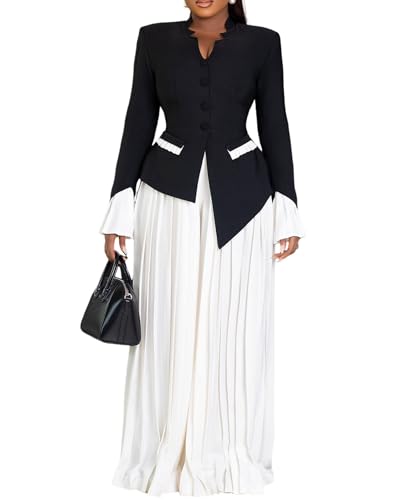 Voghtic Women's 2 Piece Business Suit Sets Dressy Irregular v Neck Blazer Jackets and Wide Leg Chiffon Pants Outfits