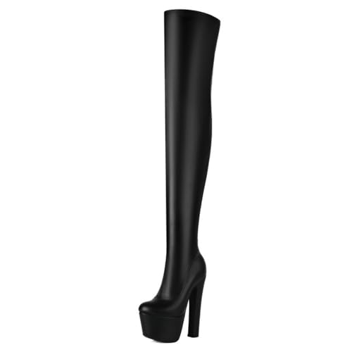 Gueploer Botas Negras por Encima De La Rodilla, Mujer Tacón Grueso Plataforma Botas De Muslo Alto Elásticas para Fiesta, Diario,Negro,41 EU