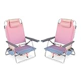 COSTWAY Portable Folding Backpack Beach Chairs Set of 2 with 5-Position Backrest, Padded Headrest, Cup Holder & Ice Bag for Lawn, Poolside (Gradient Pink)