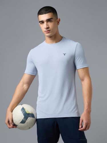 Image of TECHNOSPORT Men's Solid Slim Fit Round Neck T-Shirt TECHNOCOOL+ Half Sleeve Slip On Polyester for Gym Running Workout UPF50+ Anti Odour