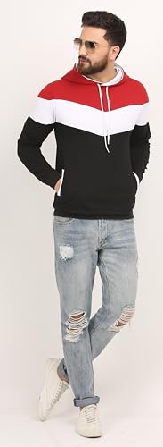 LEOTUDE Men's Loopknit Regular Fit Hooded Neck Colorblock Sweatshirt (Color Maroon)