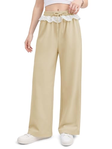 Girls Wide Leg Pants Kids Casual Lace Trim Elastic Drawstring Waist Trousers with Pockets 5-14Y Khaki