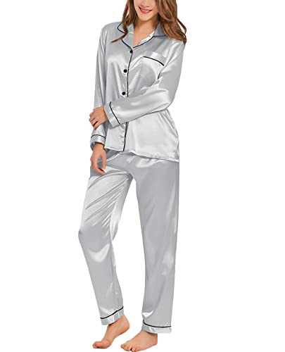 SWOMOG Pajamas Set Long Sleeve Sleepwear Womens Button Down Nightwear Soft Pj Lounge Sets Gray