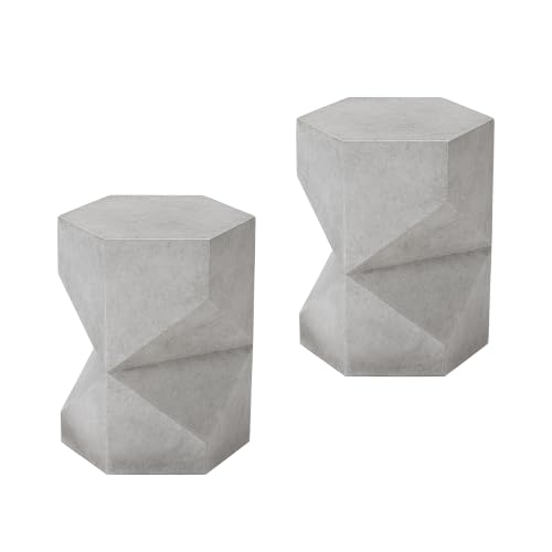 Image of COSIEST MgO Concrete Side Table, 18 Inch Hexagonal Geometric Outdoor End Accent Table, All-Weather Patio Garden Stool, Modern Plant Stand & Coffee Table for Balcony Backyard, Gray, 2 Pack