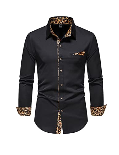 Kinkia Men's Dress Shirts Regular Fit Stretch Long Sleeve Leopard Collar Button Down Shirt for Wedding Business