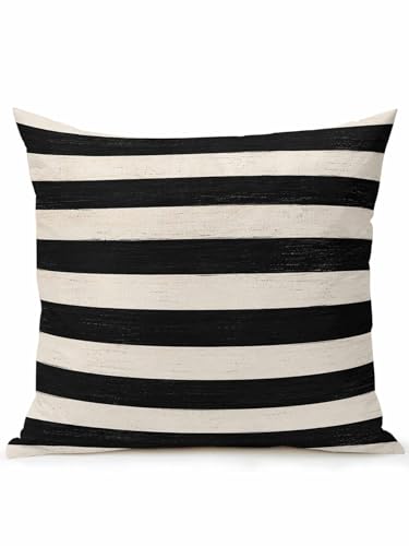 RisQiten 1 Pack Outdoor Pillows Waterproof, Black Striped Indoor/Outdoor Throw Pillows with Inserts, Farmhouse Country Minimalist Cream Stripes Decorative Pillow for Patio Furniture Chairs Couch