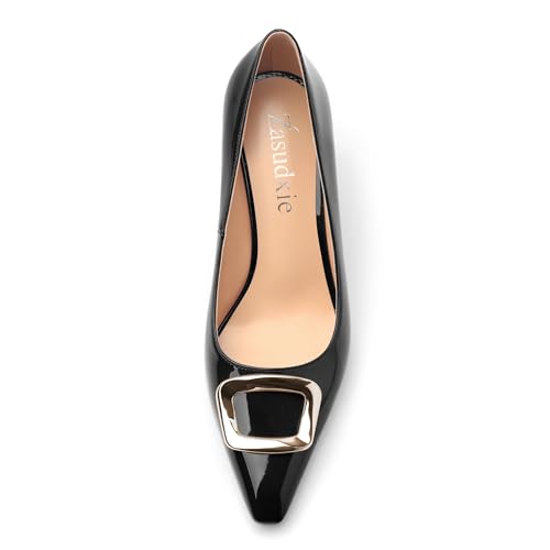 Women's Pointed Toe Patent Gold Metal Buckle Slip On Mid Heel Pumps Evening Dress Shoes 2.55 Inch3