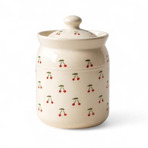 Image of Cherry Printed Ceramic Handglazed Pickle Jars Set of 1-1000 ML Each | 1 kg Achaar Martban Barni Jar with Lid | Ceramic Storage Jar Container Pickle /Achar, Chatney