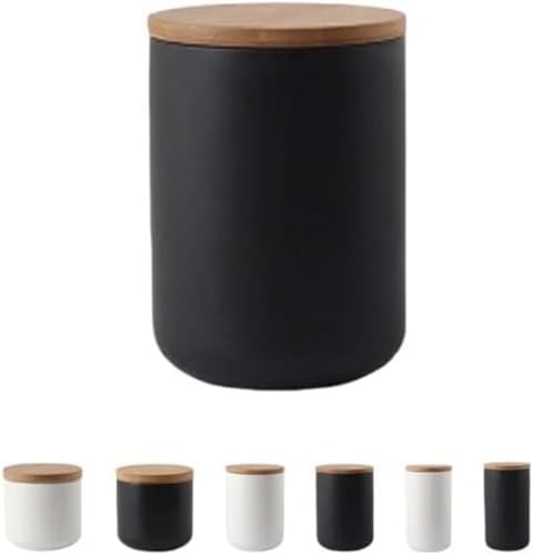 KOKUMON【気密性高い陶器製】食品保存容器・キャニスター セラミック本体+木製蓋で質感満点 密封びん構造で食品鮮度保持 大容積設計で砂糖・豆・珈琲豆・海苔・ナッツ貯蔵最適 省スペース形状でキッチン収納に便利 茶筒としても活用可能なフタ付き食品貯蔵缶