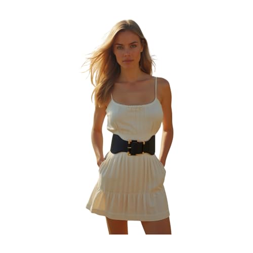 Women Elastic Waistband Wide Black Fashion Belt Hip Waist Gold Metal Square Buckle Size S M4