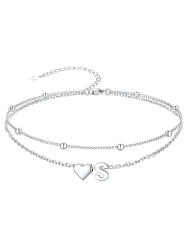 Image of SILVERCUTE Silver Anklets for Women, Waterproof Initial Heart Ankle Bracelets Sterling Silver, Adjustable Layered Foot Jewelry Summer Beach Fashion with Personalized Name Design, Gift Package