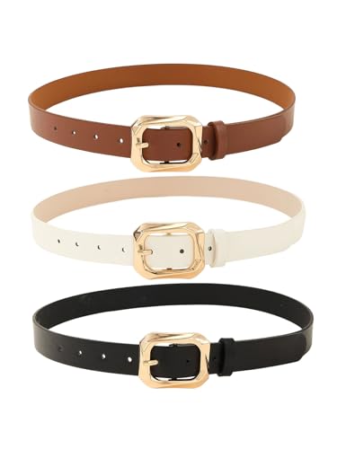 OYOANGLE Women's 3 Pack PU Leather Belts Fashion Wide Belt with Square Gold Buckle