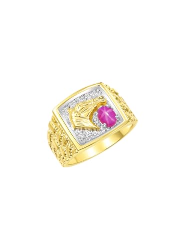 Image of Rylos Men's Yellow Gold-Plated Sterling Silver Lucky Nugget Horse Head Ring with 6X4MM Gemstone and Diamonds - Birthstone Elegance for Men, Sizes 8-13 Available