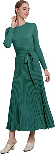 Image of Women's Long Sleeve Sweater Dress Ankle Length Fall Dress Vneck Knit Winter Dress