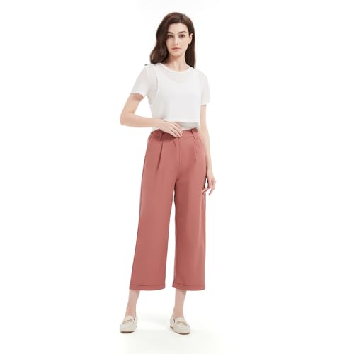 GLOWELFA Pantalon Femme Été Fluide Taille Haute – Coupe Large 7/8 Pantacourt Élastique au Dos, Léger et Confortable, Tissu Respirant et Extensible,...