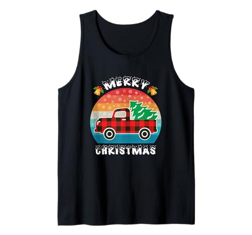 Retro Red Truck Buffalo Plaid Tree Merry Christmas Hombres Mujeres Camiseta sin Mangas