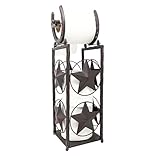 Rustic Metal Western Toilet Paper Holder Storage Stand – Farmhouse Cowboy Horseshoe with Star Bathroom Decor – Freestanding Tissue Dispenser – Housewarming Holiday or Birthday Gift Idea