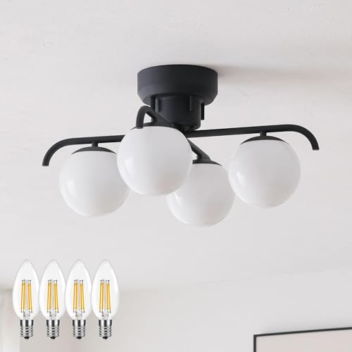 VENTOTA シーリングライト おしゃれ 北欧 4灯 スポットライト LED対応 プルスイッチ クロスタイプ リビング 天井照明 インテリア スチールフレーム 点灯切替 E17 間接照明 Modico-cx BK (ブラック|フィラメントLED電球4個付