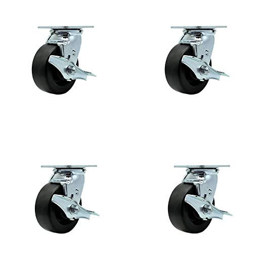 Polyolefin Swivel Top Plate Casters Set of 4 Heavy Duty with 5 Inch Wheels - Includes 4 Swivel with Top Lock Brakes and Bolt on Swivel Locks – 2,600 lbs. Total Capacity - Service Caster Brand