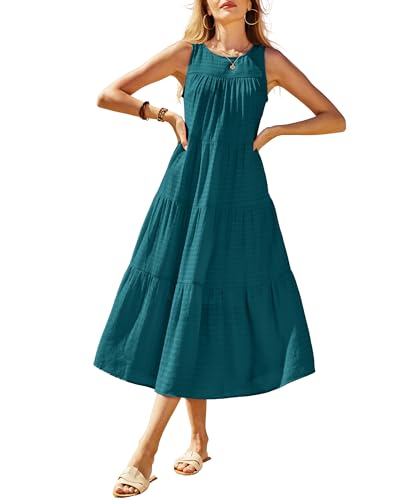 Image of Newshows Women's 2024 Summer Midi Dresses Sleeveless Crewneck Beach Boho Casual Loose Long Flowy Tiered Sundress with Pockets
