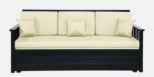 Image of Wiki 3 Seater Metal Sofa Cum Bed with Hydraulic Storage | Queen Size Sofa Cuma Bed | 3 Seater Sofa Set, Metal Sofa Set for Living Room (Matte Black Finish with White Cushion)