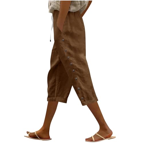 Linen Pants Women 2025 Summer Cotton Linen Capri Shorts Lightweight Drawstring Striped Short Pants with Pocket