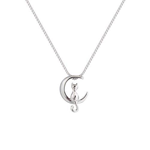 Collier en argent sterling 925 - Pendentif en forme de croissant de lune et chat - Minimaliste