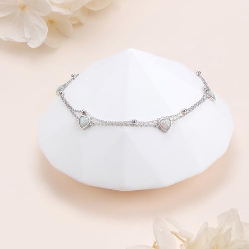 Image of Flyow Anklet for Women S925 Sterling Silver Adjustable Foot Beaded Heart Charm Ankle Bracelet Anklets Jewelry