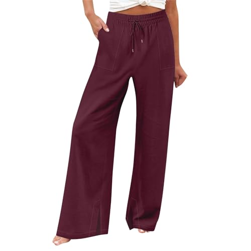 Pantalon palazzo en coton-lin haut de gamme à poches pour femme
