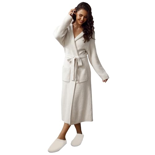 MH MYLUNE HOME Ultra Soft Robe With Pockets, Spa Bathrobe Loungewear Calf-Length, Plush Fuzzy Fluffy Wrap Robe for Women, Women's Robes, Hooded Ribbed Taupe