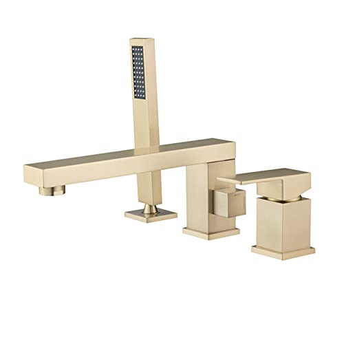 Grifo de bañera dorado cepillado con ducha de mano montado en la cubierta de ducha de latón para mezclar agua caliente y fría (oro cepillado)