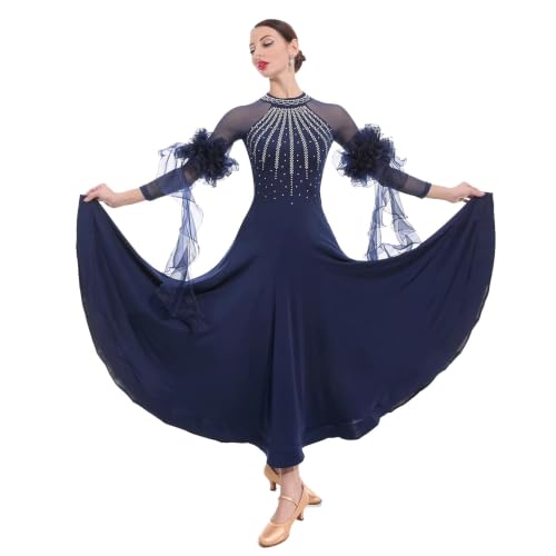 JRUIA Vestidos Elegantes para Competiciones De Baile De Salón Traje De Actuación para Mujer Estilo Flamenco Conjunto para Bailar Vals Vestuario para Bailes De Estilo Estándar,Azul,M