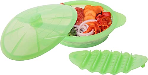 Vaporera grande para microondas, cuenco plegable, vaporizador de silicona con asa y tapa para la preparación de comidas, con divisor extraíble, fácil de almacenar, sin BPA, verde