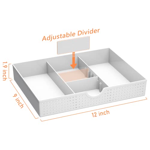 CAXXA 2PK - 3 Slot Drawer Organizer with Two Adjustable Dividers - 5 Compartments Drawer Storage Junk Drawer Organizer for Office Desk Supplies and Accessories, White