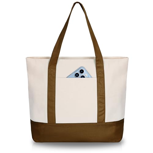 OUUTMEE Elegante bolsa de lona de transporte, cremallera en la parte superior, compras, salir, asistir a clases, bolso de viaje simple y elegante, Café y natural