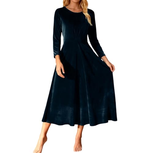 Generisch - Vestido de noche elegante de manga larga de terciopelo en talla grande con detalle de pliegues para fiestas, azul, L