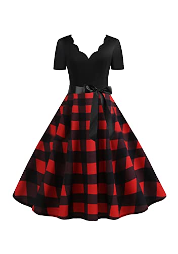 Yming Damen V-Ausschnitt Kleid Kariert Vintage Kleid Audrey Hepburn Kleid Rot Schwarz Kariert M
