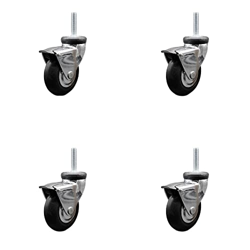 3 Inch Swivel Caster Wheels for Furniture - Bright Chrome Hooded Neoprene Rubber Wheel with 10mm - 1.50 x 1-1/2 Inch Metric Threaded Stem and Brake-440lbs. Total Capacity-Set of 4-Service Caster Brand