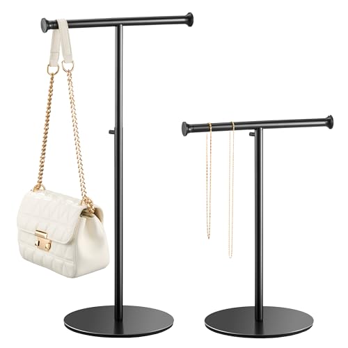 niffgaff 2 Pack 15-24 T Bar Purse Display Stand Tabletop: Adjustable Height Handbag Holder Countertop Hanging Rack for Long Necklace Scarf Lanyard Black