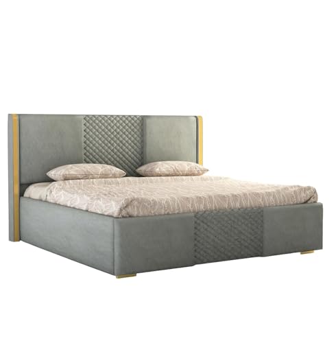 Image of Modern King Size Upholstered Bed with Padded Headboard | Platform Bed for Master Bedroom, Comfortable Back Support & Elegant Bedroom Furniture | Strong & Durable Solid Wood Frame | Grey