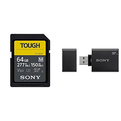 Sony Tough-M Series SDXC UHS-II Card 64GB, V60, CL10, U3, Max R277MB/S, W150MB/S (SF-M64T/T1) & MRW-S1 High Speed Uhs-II USB 3.0 Memory Card Reader/Writer for SD Cards