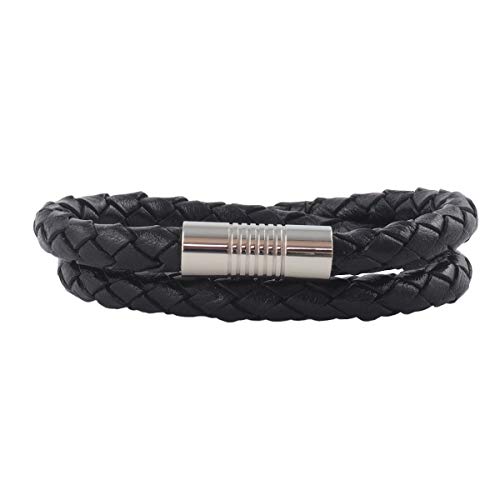 König Design Men's Leather Necklace 4 mm Black 17-100 cm Long with Magnetic Clasp Silver Braided Black